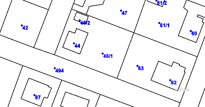 Parcela st. 45/1 v KÚ Třeboradice, Katastrální mapa