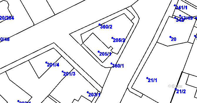 Parcela st. 205/1 v KÚ Miškovice, Katastrální mapa