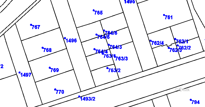 Parcela st. 763/1 v KÚ Čakovice, Katastrální mapa