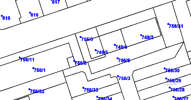 Parcela st. 749/5 v KÚ Čakovice, Katastrální mapa