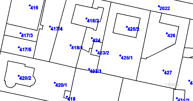 Parcela st. 423/2 v KÚ Kbely, Katastrální mapa