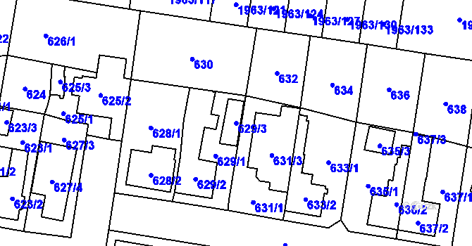 Parcela st. 629/3 v KÚ Kbely, Katastrální mapa