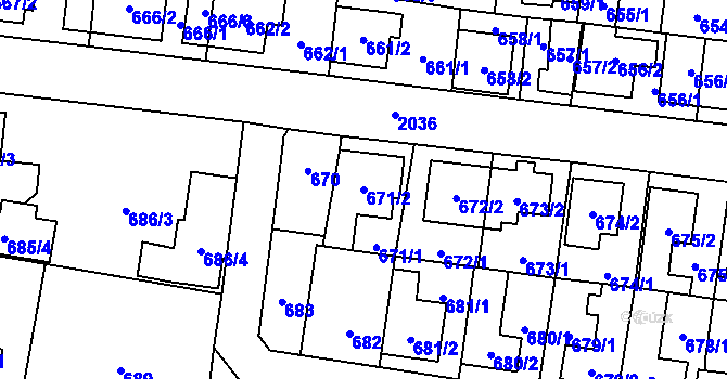 Parcela st. 671/2 v KÚ Kbely, Katastrální mapa