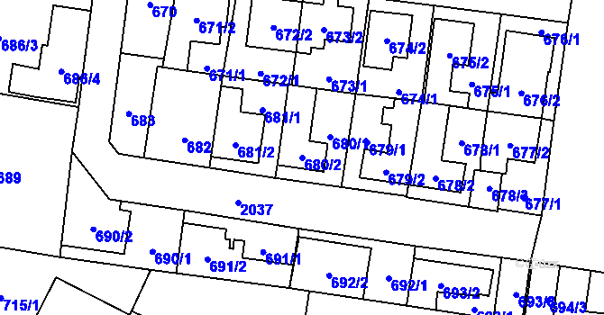 Parcela st. 680/2 v KÚ Kbely, Katastrální mapa