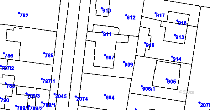 Parcela st. 907 v KÚ Kbely, Katastrální mapa