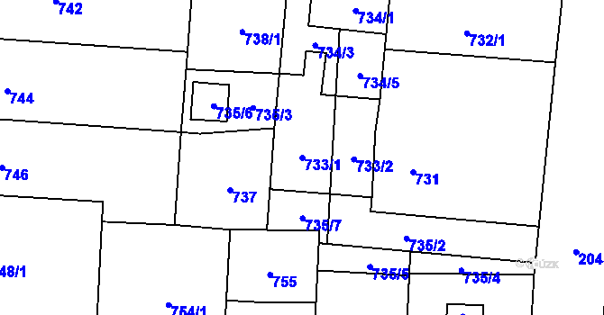Parcela st. 733/1 v KÚ Kbely, Katastrální mapa