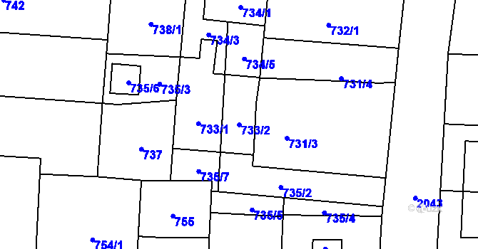 Parcela st. 733/2 v KÚ Kbely, Katastrální mapa