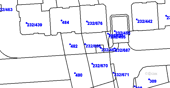 Parcela st. 232/686 v KÚ Černý Most, Katastrální mapa