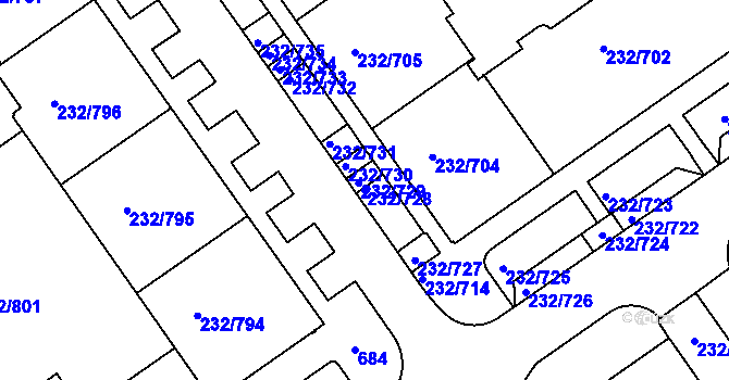 Parcela st. 232/728 v KÚ Černý Most, Katastrální mapa