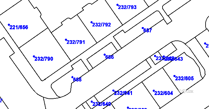 Parcela st. 686 v KÚ Černý Most, Katastrální mapa