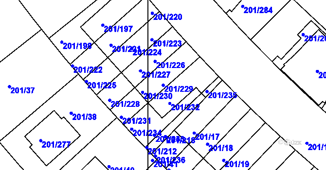 Parcela st. 201/229 v KÚ Černý Most, Katastrální mapa