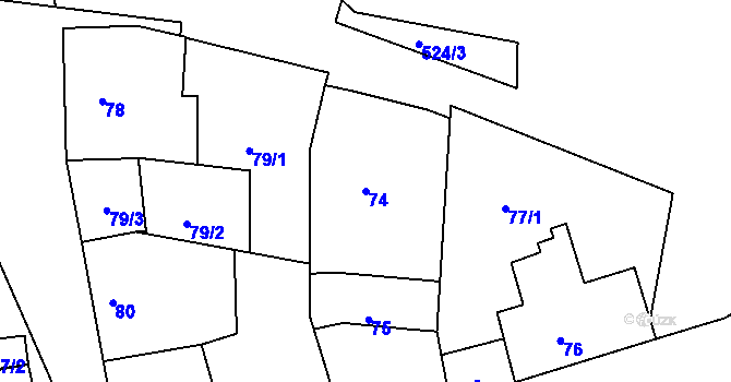 Parcela st. 74 v KÚ Hrdlořezy, Katastrální mapa