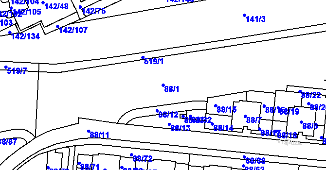 Parcela st. 88/1 v KÚ Hrdlořezy, Katastrální mapa
