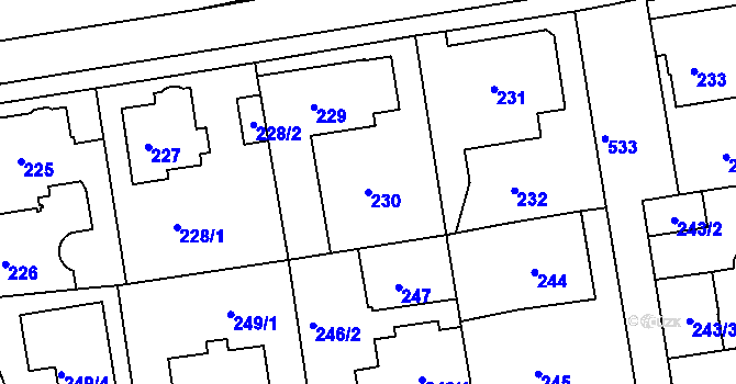 Parcela st. 230 v KÚ Hrdlořezy, Katastrální mapa