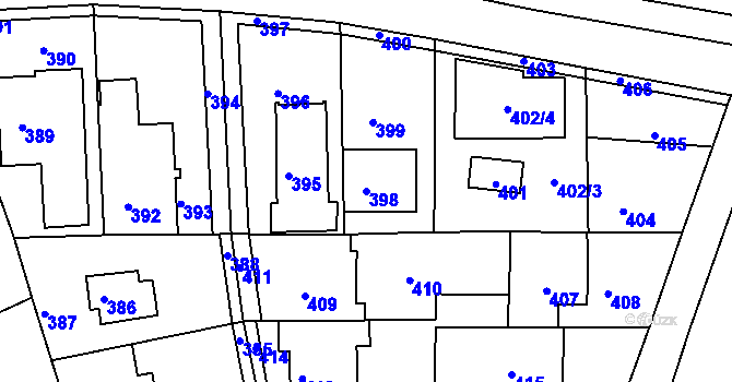 Parcela st. 398 v KÚ Hrdlořezy, Katastrální mapa