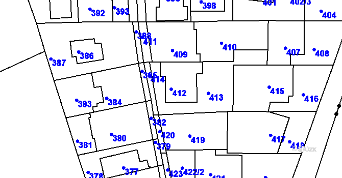Parcela st. 412 v KÚ Hrdlořezy, Katastrální mapa