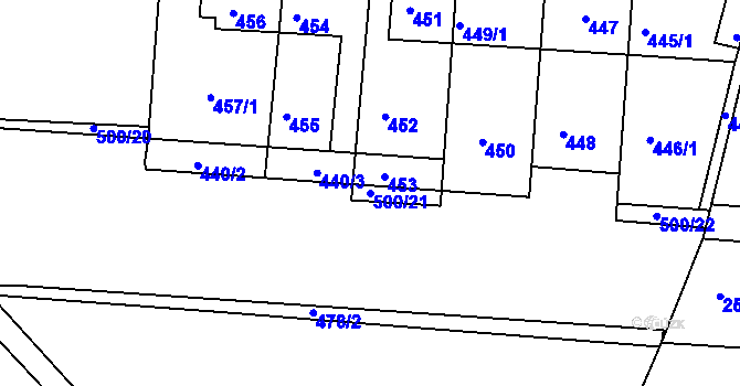 Parcela st. 500/21 v KÚ Hrdlořezy, Katastrální mapa