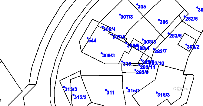 Parcela st. 309/3 v KÚ Hrdlořezy, Katastrální mapa