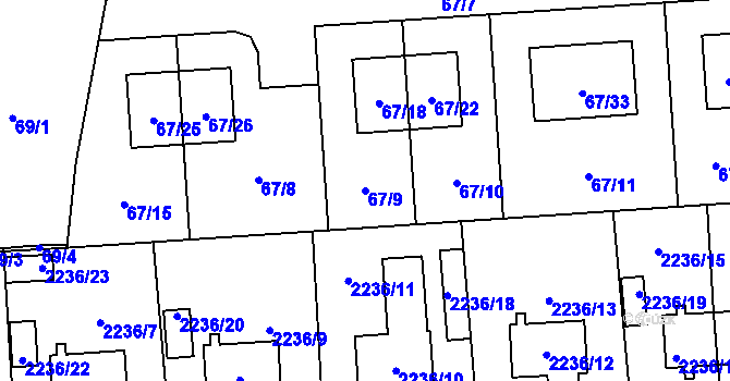 Parcela st. 67/9 v KÚ Hostivař, Katastrální mapa