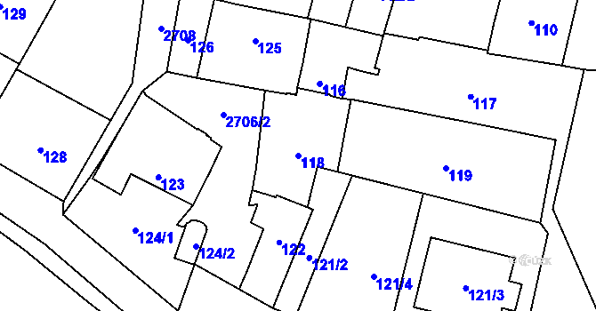 Parcela st. 118 v KÚ Hostivař, Katastrální mapa