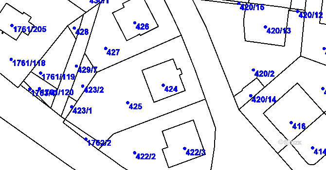 Parcela st. 424 v KÚ Hostivař, Katastrální mapa