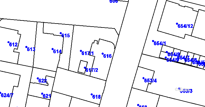 Parcela st. 616 v KÚ Hostivař, Katastrální mapa