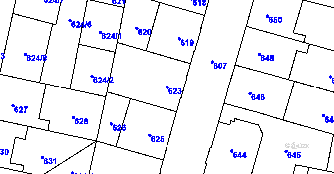 Parcela st. 623 v KÚ Hostivař, Katastrální mapa