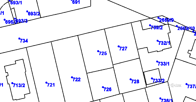 Parcela st. 725 v KÚ Hostivař, Katastrální mapa