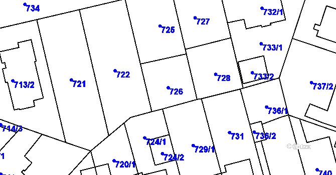Parcela st. 726 v KÚ Hostivař, Katastrální mapa