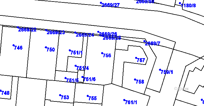 Parcela st. 756 v KÚ Hostivař, Katastrální mapa