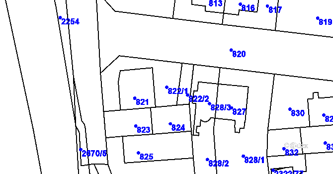 Parcela st. 822/1 v KÚ Hostivař, Katastrální mapa