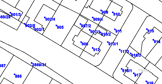 Parcela st. 906 v KÚ Hostivař, Katastrální mapa