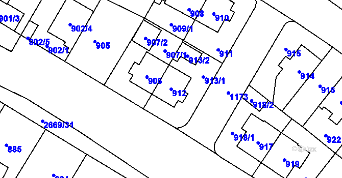 Parcela st. 912 v KÚ Hostivař, Katastrální mapa
