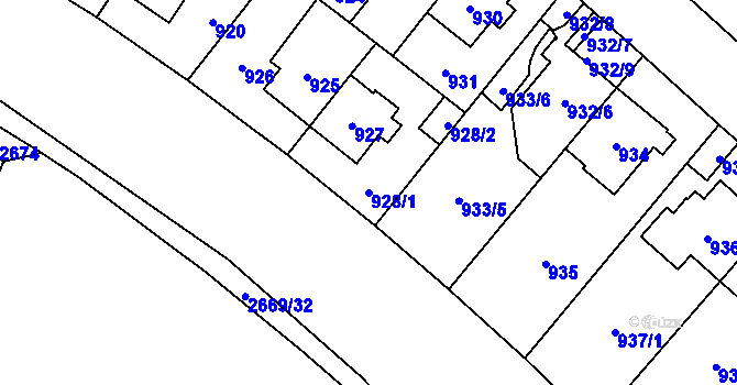 Parcela st. 928/1 v KÚ Hostivař, Katastrální mapa