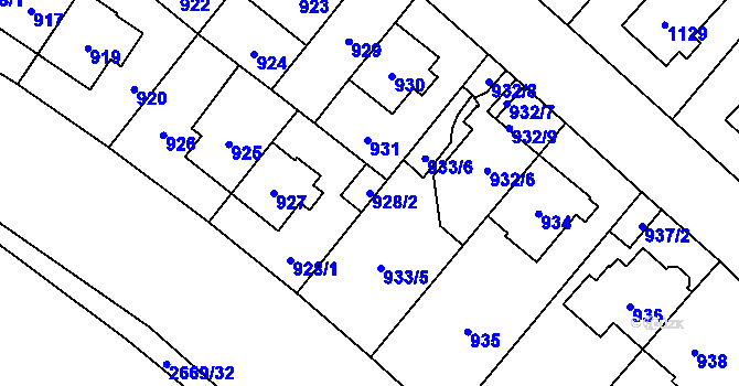 Parcela st. 928/2 v KÚ Hostivař, Katastrální mapa