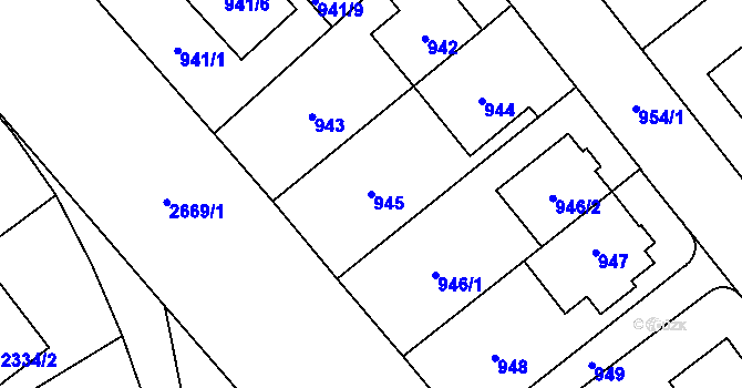 Parcela st. 945 v KÚ Hostivař, Katastrální mapa
