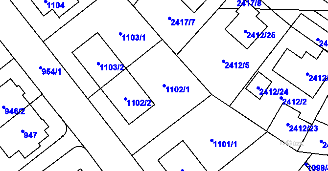 Parcela st. 1102/1 v KÚ Hostivař, Katastrální mapa