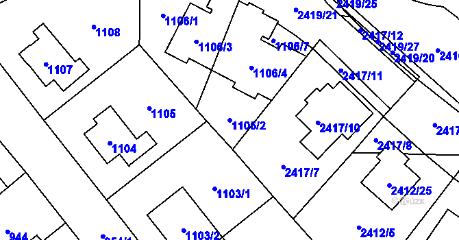 Parcela st. 1106/2 v KÚ Hostivař, Katastrální mapa