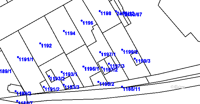Parcela st. 1197/1 v KÚ Hostivař, Katastrální mapa