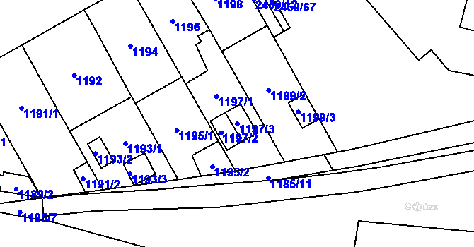 Parcela st. 1197/3 v KÚ Hostivař, Katastrální mapa
