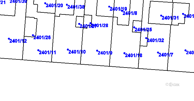 Parcela st. 2401/9 v KÚ Hostivař, Katastrální mapa