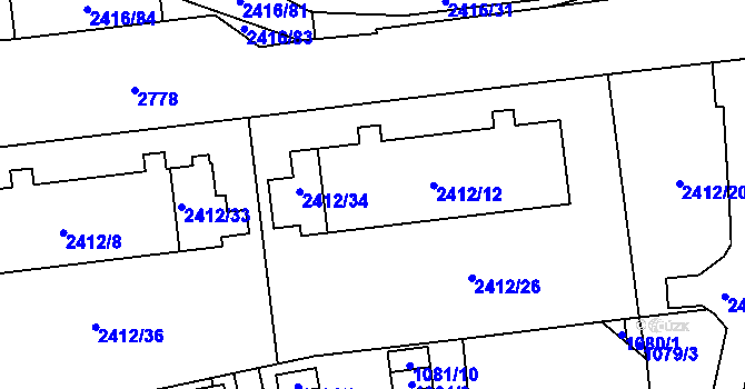 Parcela st. 2412/14 v KÚ Hostivař, Katastrální mapa