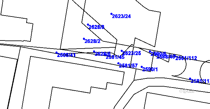 Parcela st. 2581/45 v KÚ Hostivař, Katastrální mapa