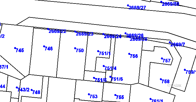 Parcela st. 751/1 v KÚ Hostivař, Katastrální mapa