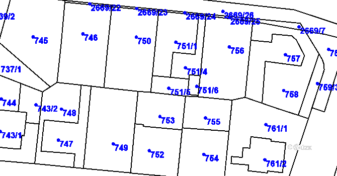 Parcela st. 751/5 v KÚ Hostivař, Katastrální mapa