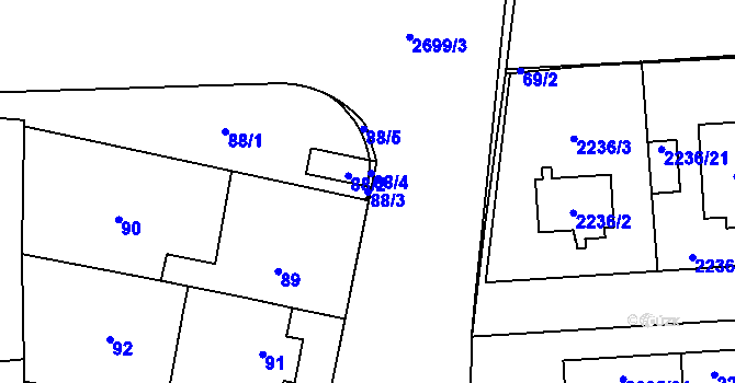Parcela st. 88/3 v KÚ Hostivař, Katastrální mapa