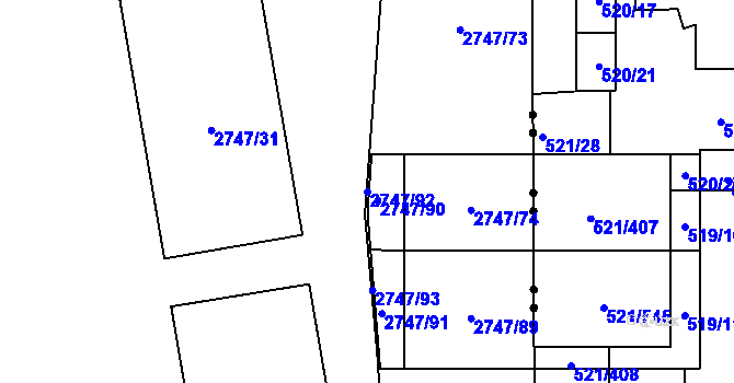Parcela st. 2747/92 v KÚ Hostivař, Katastrální mapa