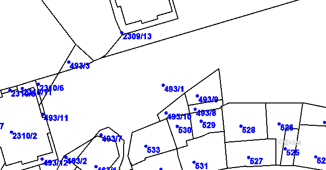 Parcela st. 493/1 v KÚ Záběhlice, Katastrální mapa