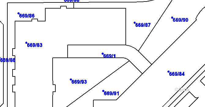 Parcela st. 669/1 v KÚ Záběhlice, Katastrální mapa