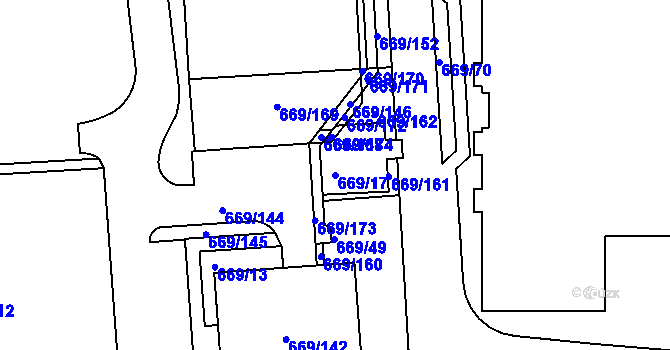Parcela st. 669/17 v KÚ Záběhlice, Katastrální mapa